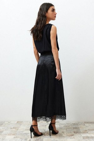 Черная атласная кружевная тканая юбка длины миди с деталью