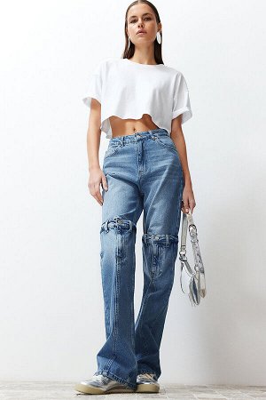 Широкие джинсы с высокой талией и синей строчкой