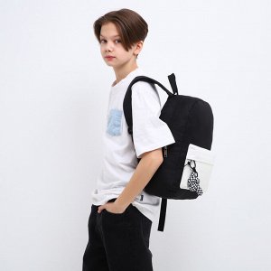 Рюкзак школьный текстильный с карманом кожзам, 38x29x11 см, чёрный