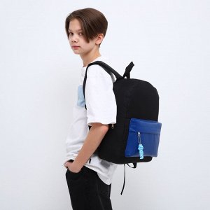 Рюкзак текстильный с карманом кожзам, 38х29х11 см, черный, синий