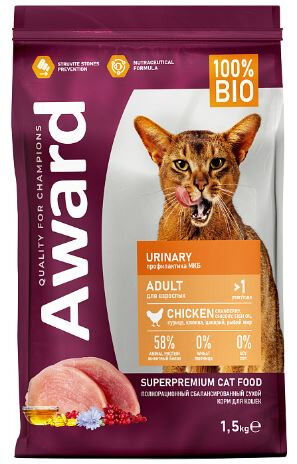 AWARD Urinary сухой корм для кошек профилактика мочекаменной болезни Курица/Клюква/Цикорий/Рыбий жир 1,5кг