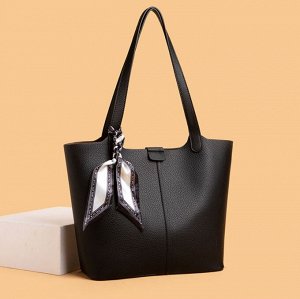 Комплект из натурал. кожи: сумка-шоппер на плечо + косметичка, черный
