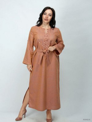 Платье из льна с вышивкой | коричневое | 174-17