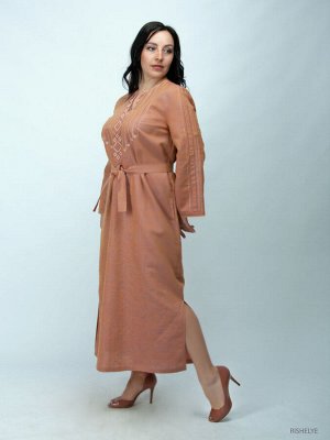 Платье из льна с вышивкой | коричневое | 174-17