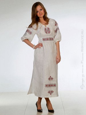 Платье в русском стиле Славянка | лен белое c вышивкой 8-9