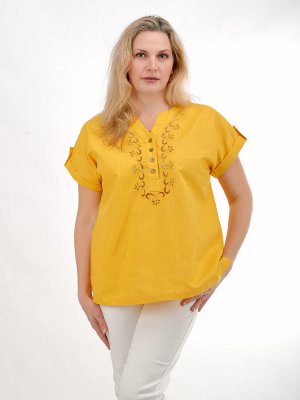 Желтая блузка из льна с вышивкой ришелье | 166-22