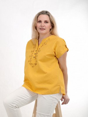 Желтая блузка из льна с вышивкой ришелье | 166-22