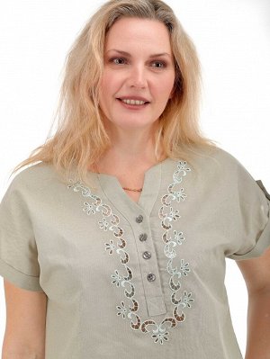 Блузка ришелье | льняная блузка | оливки | 166-22