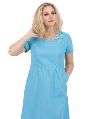 Льняное платье отрезное по талии с вышивкой ришелье | 1-23 голубой