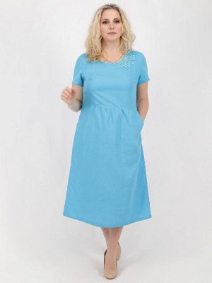 Льняное платье отрезное по талии с вышивкой ришелье | 1-23 голубой