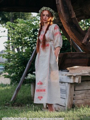 Платье в народном стиле Славянка | лен серый 8-9