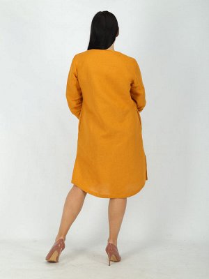 Платье свободного силуэта с вышивкой | лен горчичный