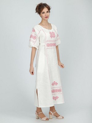 Славянка  - платье в русском стиле | лен белый |вышивка  красно-розовая
