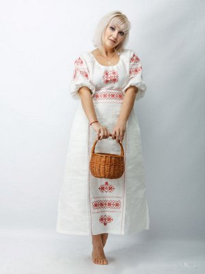 Славянка  - платье в русском стиле | лен белый вышивка