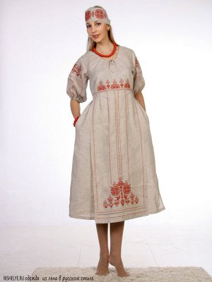 Платье в русском стиле Россиянка | серый лен вышивка