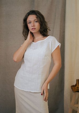 Блузка лен c вышивкой | белая 86-19