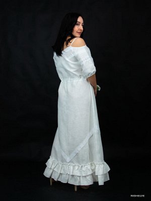 Ришелье Льняное платье - сарафан Соната | белый лен| 45-18
