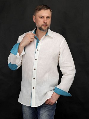 Мужская рубашка из льна с бирюзовыми вставками | 83-19