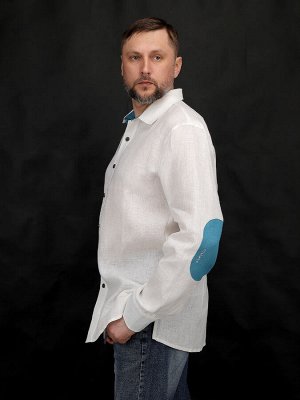 Мужская рубашка из льна с бирюзовыми вставками | 83-19