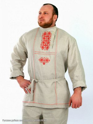 Русская рубаха косоворотка Богатырь | лен красная вышивка