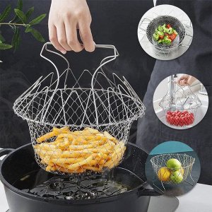 Универсальная складная кухонная решетка, фритюрница, сито, корзина для фритюра, решетка-гриль, дуршлаг для макарон овощей и фруктов, ручки не нагреваются, 100% нержавеющая сталь, 12в1, d 23 см