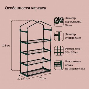 Парник-стеллаж, 4 полки, 125 ? 70 ? 30 см, металлический каркас d = 16 мм, чехол плёнка 80 мкм