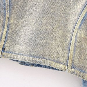 Женская джинсовая куртка-рубашка с накладными карманами, светло-синий/желтый