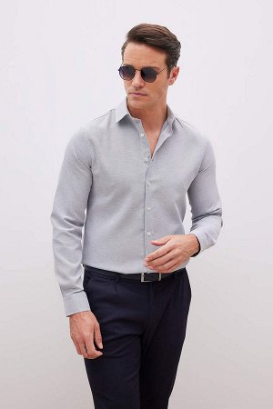 Текстурированная хлопковая рубашка с длинными рукавами и воротником-поло Slim Fit