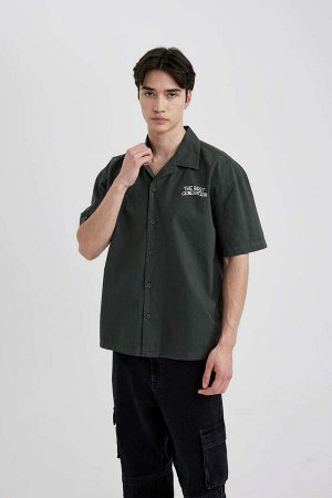 DEFACTO Хлопковая рубашка с коротким рукавом и принтом, вязаный крючком воротник Relax Fit