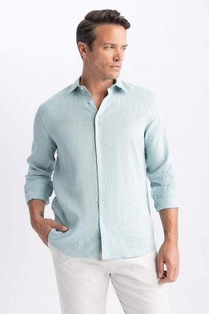 Рубашка из 100% льна с длинным рукавом в современном стиле с итальянским воротником