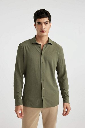 DEFACTO Рубашка с длинными рукавами и жатым воротником поло Modern Fit