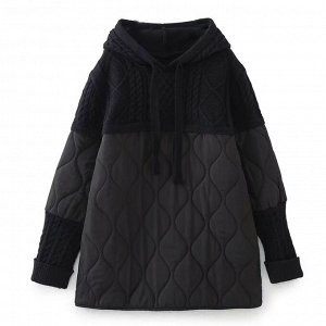 Женская стеганая куртка-толстовка с капюшоном и трикотажными элементами, черный