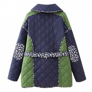 Демисезонная стеганая куртка с поясом и V-образным вырезом, с цветочным принтом, синий/зеленый