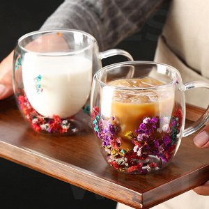 Кружка термо с двойными стенками и сухоцветами внутри, для кофе, чая, какао, соков, воды, напитков, не обжигает руки, 350 мл