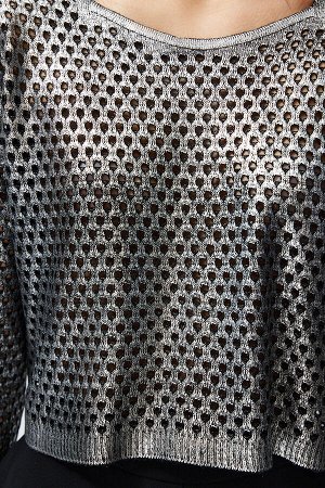 Ажурный/перфорированный трикотажный свитер с принтом серебряных листьев
