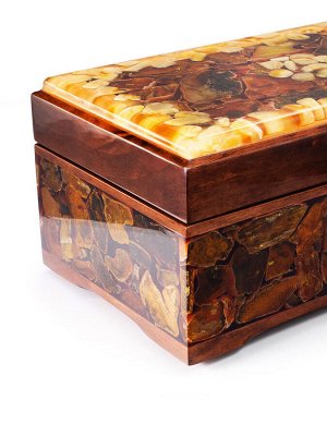 Деревянная шкатулка для украшений с мозаикой из натурального янтаря