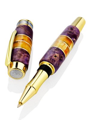 Необычная ручка в корпусе из стабилизированной карельской берёзы и янтаря