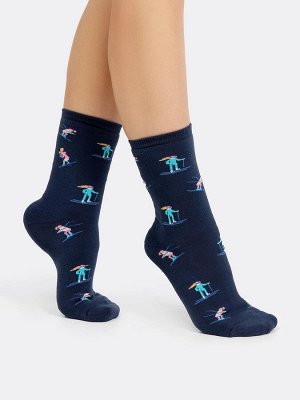 Высокие женские махровые носки темно-синего цвета с рисунками (1 упаковка по 5 пар)