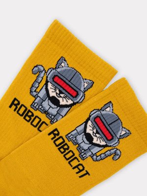Носки мужские в желтом цвете и рисунком в виде надписи ROBOCAT (1 упаковка по 5 пар)