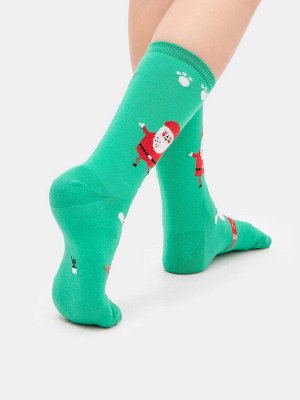 Высокие детские носки в оттенке светлая зеленка с новогодним дизайном (1 упаковка по 5 пар)