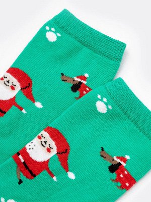 Высокие детские носки в оттенке светлая зеленка с новогодним дизайном (1 упаковка по 5 пар)