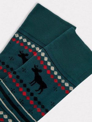 Носки мужские зеленые с рисунком в виде орнамента с лосями (1 упаковка по 5 пар)