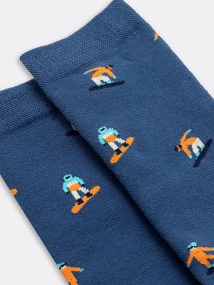 Высокие мужские махровые носки джинсового цвета с рисунками (1 упаковка по 5 пар)