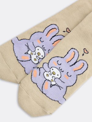 Носки женские бежевые с плюшевым следом и рисунком в виде заек (1 упаковка по 5 пар)