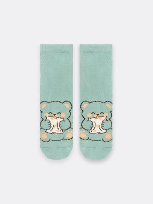 Носки женские короткие зеленые с плюшевым следом и рисунком в виде медвежат (1 упаковка по 5 пар)
