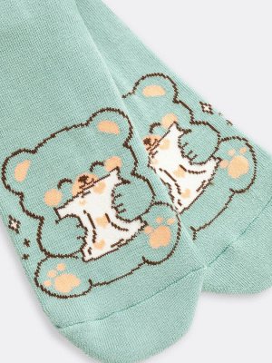 Носки женские короткие зеленые с плюшевым следом и рисунком в виде медвежат (1 упаковка по 5 пар)