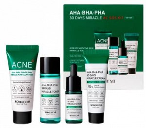 Some By Mi Набор миниатюр для проблемной кожи лица с кислотами Kit Aha-Bha-Pha 30 Days Miracle AC Sos, 30 мл+30 мл+10 мл+20 гр