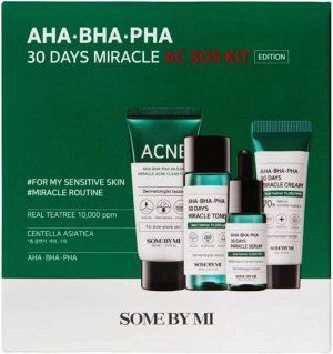 Some By Mi Набор миниатюр для проблемной кожи лица с кислотами Kit Aha-Bha-Pha 30 Days Miracle AC Sos, 30 мл+30 мл+10 мл+20 гр