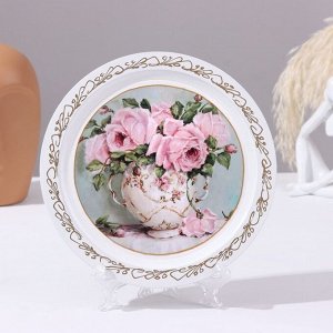 Панно-тарелка «Ваза с розами», белая, D = 20 см, лаковая миниатюра