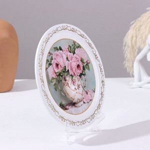 Панно-тарелка «Ваза с розами», белая, D = 20 см, лаковая миниатюра